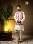DESIGNER SLUB SILK PLAIN MEN’S KURTA PAYJAMA WITH 3D WEAVING WORK KOTI PARTY WEAR WHOLESALE PRICE ETHNIC GARMENT (26)