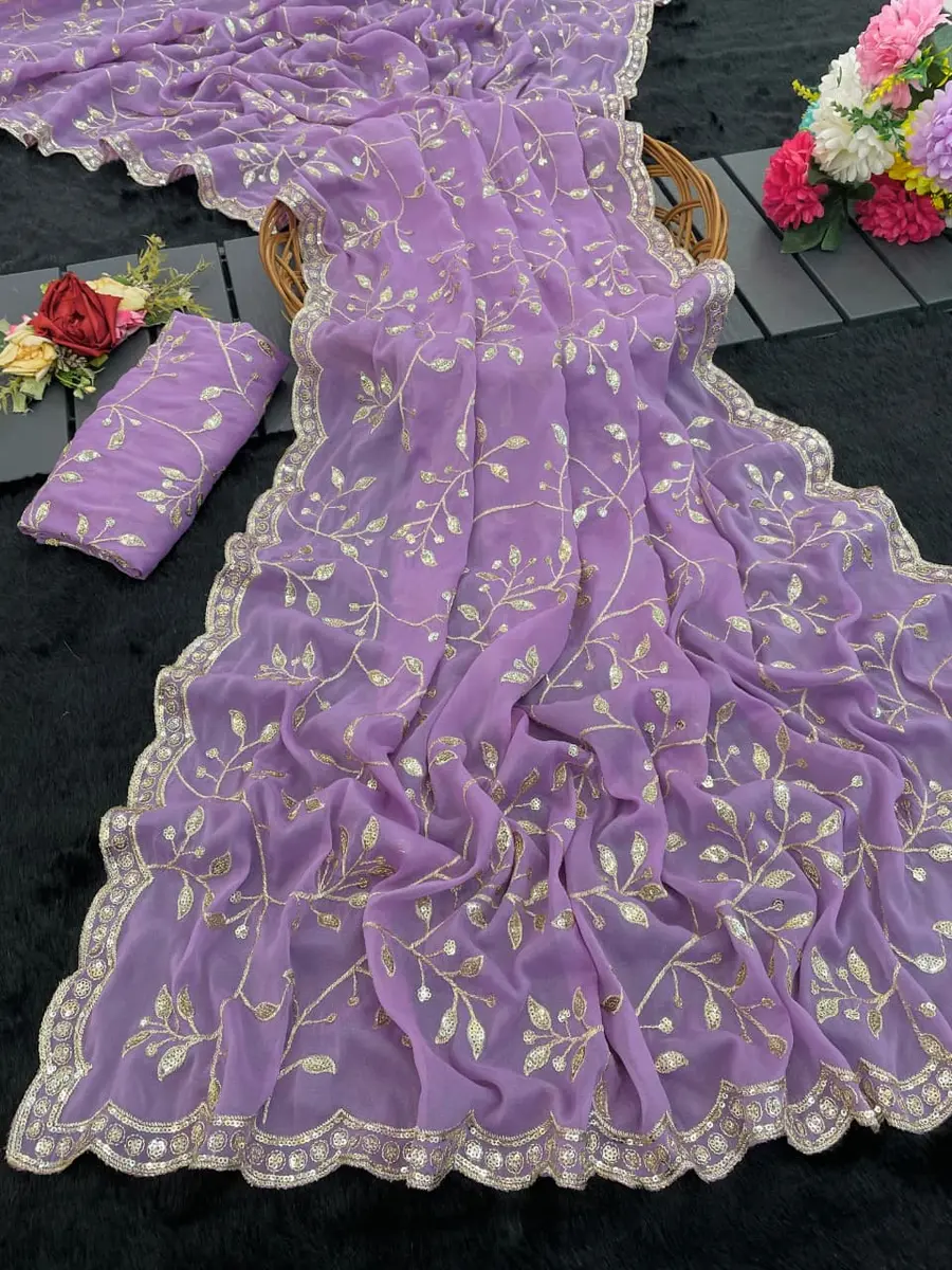 DESIGNER STAR GEORGETTE EMBROIDERY SEQUENCE WORK SAREE WITH UNSTITCHED BLOUSE WEDDING WEAR WHOLESALE PRICE ETHNIC GARMENT (3)