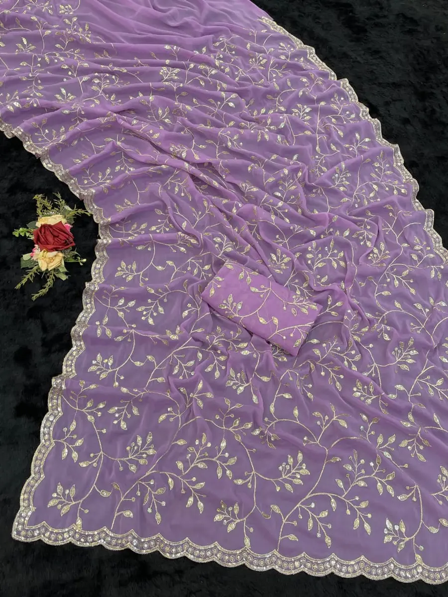 DESIGNER STAR GEORGETTE EMBROIDERY SEQUENCE WORK SAREE WITH UNSTITCHED BLOUSE WEDDING WEAR WHOLESALE PRICE ETHNIC GARMENT (5)