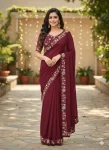 DESIGNER STAR GEORGETTE VAL SEQUENCE EMBROIDERY LACE WORK SAREE WITH UNSTITCHED BLOUSE MAROON
