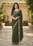DESIGNER STAR GEORGETTE VAL SEQUENCE EMBROIDERY LACE WORK SAREE WITH UNSTITCHED BLOUSE MEHNDI