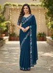 DESIGNER STAR GEORGETTE VAL SEQUENCE EMBROIDERY LACE WORK SAREE WITH UNSTITCHED BLOUSE TEAL