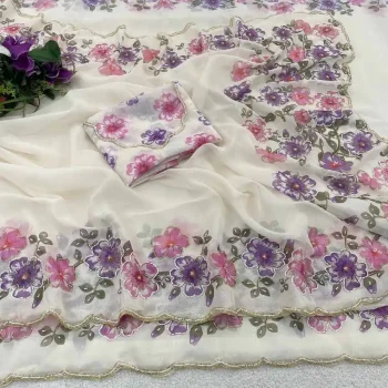 DESIGNER TABBY ORGANZA FLORAL PRINTS WITH BEADS AND CUT DANA HANDWORK SAREE WITH UNSTITCHED BLOUSE PURPLE