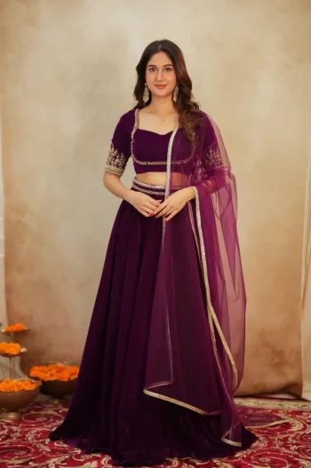 DESIGNER VELVET DORI & SEQUENCE BORDER WORK LEHENGA CHOLI WITH DUPATTA WINE