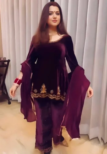 DESIGNER VELVET EMBROIDERY WORK TOP PALAZZO WITH DUPATTA PURPLE