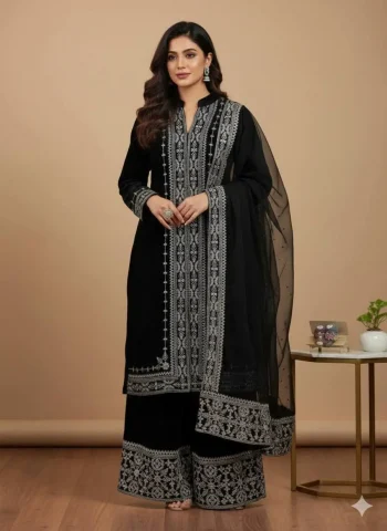 DESIGNER VELVET EMBROIDERY WORK TOP PALAZZO WITH DUPATTA BLACK