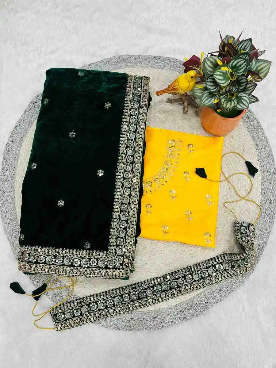 DESIGNER VELVET SEQUENCE AND JARI DORI EMBROIDERY LACE BORDER WORK SAREE WITH UNSTITCHED BLOUSE WEDDING WEAR WHOLESALE PRICE ETHNIC GARMENT (8)