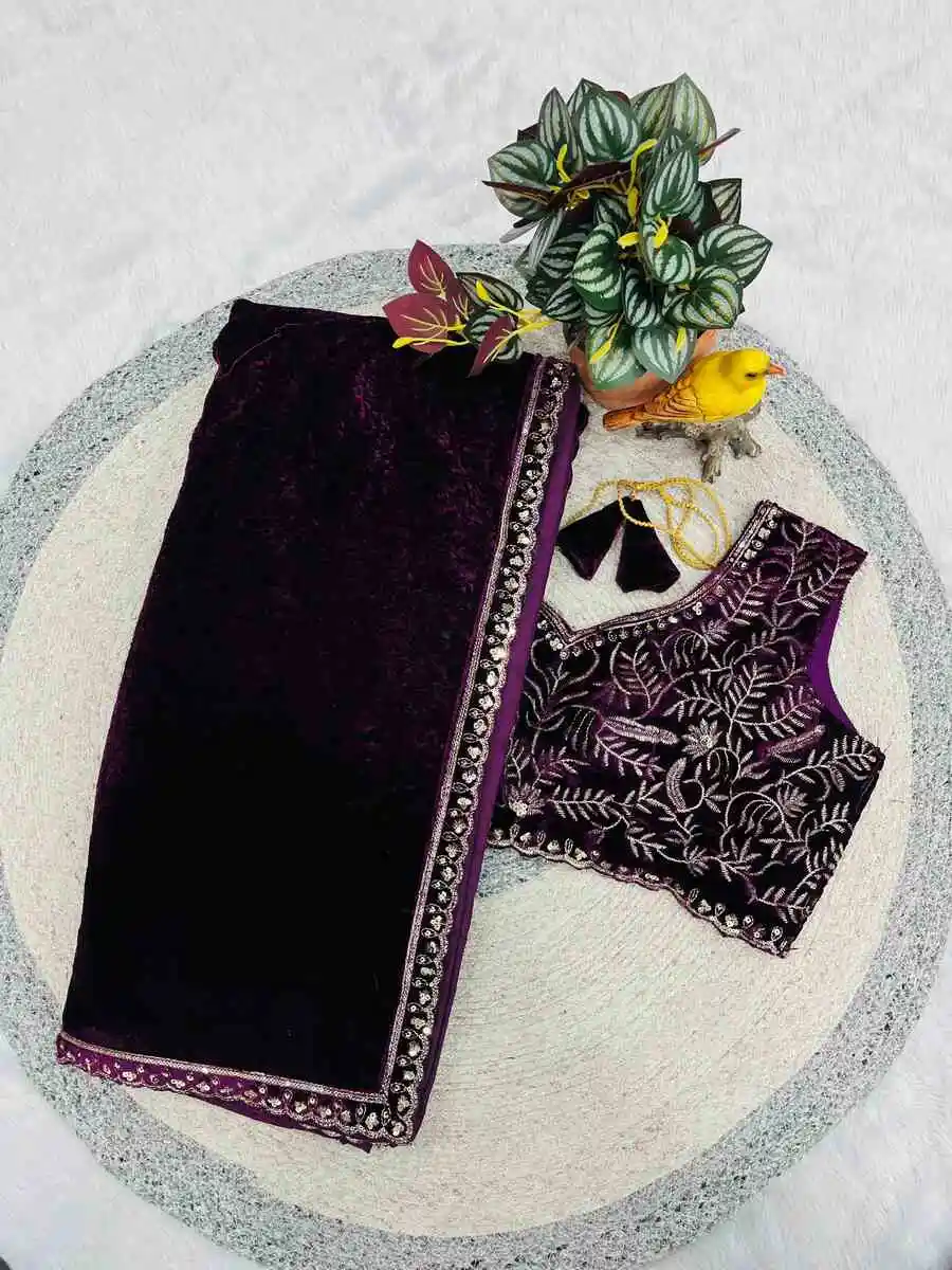 DESIGNER VELVET SEQUENCE AND JARI THREAD EMBROIDERY LACE WITH CUTWORK BORDER WORK SAREE WITH STITCHED BLOUSE WEDDING WEAR WHOLESALE PRICE ETHNIC GARMENT (14).jpg.webp