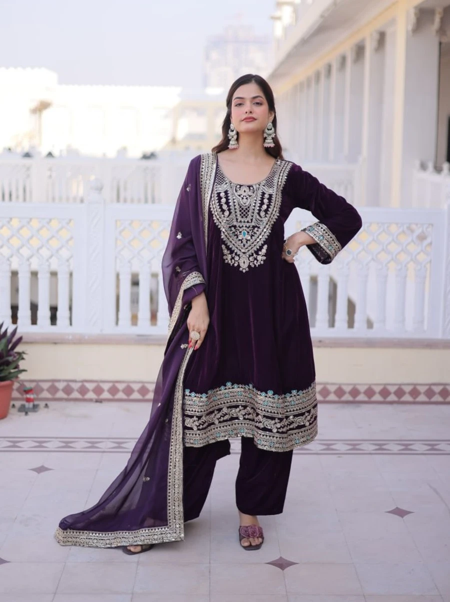 DESIGNER VELVET SEQUENCE , ZARI, CODING & THREAD EMBROIDERY WORK TOP BOTTOM WITH DUPATTA FESTIVE WEAR WHOLESALE PRICE ETHNIC GARMENT (14)