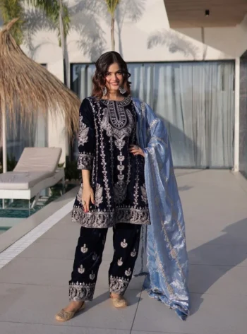 DESIGNER VELVET ZARI EMBROIDERY WORK TOP BOTTOM WITH DUPATTA NAVY BLUE