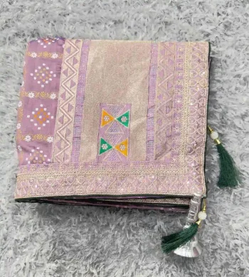 DESIGNER VICHITRA FOIL PRINT EMBROIDERY THREAD & SEQUENCE WORK AND HOT FIX DIMOND WORK SAREE WITH UNSTITCHED BLOUSE LAVENDER