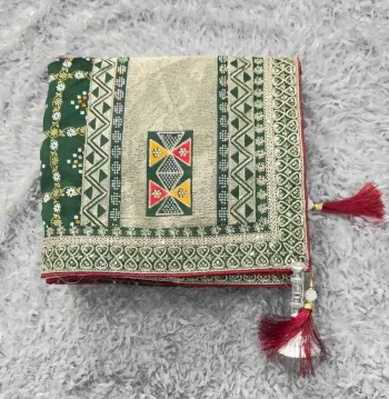DESIGNER VICHITRA FOIL PRINT EMBROIDERY THREAD & SEQUENCE WORK AND HOT FIX DIMOND WORK SAREE WITH UNSTITCHED BLOUSE GREEN