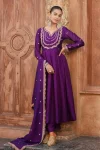 DESIGNER VICHITRA SILK EMBROIDERY WORK TOP BOTTOM WITH DUPATTA PURPLE