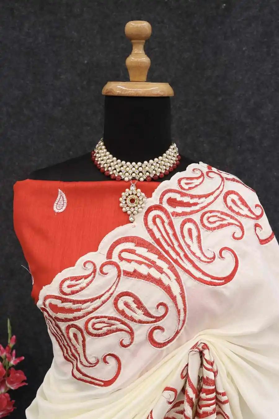 DESIGNER VICHITRA SILK MULTI THREAD EMBROIEDRY WORK WITH CUT WORK SAREE WITH UNSTITCHED BLOUSE WEDDING WEAR WHOLESALE PRICE ETHNIC GARMENT (2)