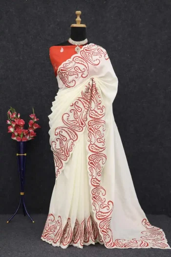 DESIGNER VICHITRA SILK MULTI THREAD EMBROIEDRY WORK WITH CUT WORK SAREE WITH UNSTITCHED BLOUSE RED AND OFF WHITE