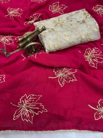 DESIGNER VICHITRA SILK SEQUENCE EMBROIDERY WITH READYMADE LACE BORDER WORK SAREE WITH UNSTITCHED BLOUSE RANI