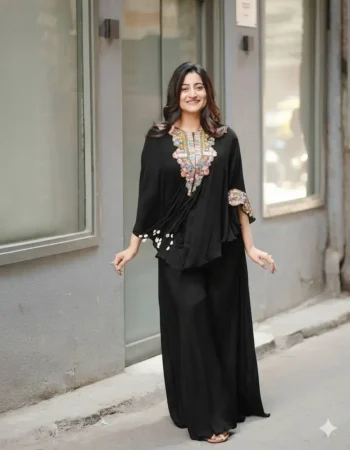 FANCY AIR TEX CHINON SEQUENCE EMBROIDERED WORK WITH KODI LATKAN WORK TOP BLOUSE WITH PALAZZO BLACK