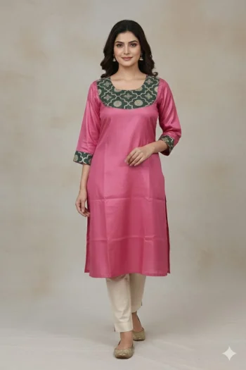 FANCY ART SILK JACQUARD CUT PASTE WORK KURTI PINK