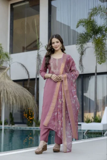 FANCY CHANDERI SEQUENCE CODING EMBROIDERY WORK TOP BOTTOM WITH DUPATTA PEACH