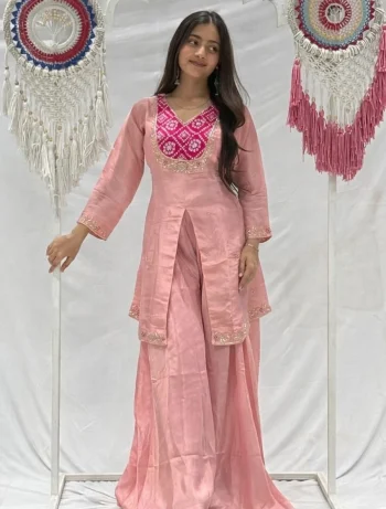 FANCY CHINON MULTI EMBROIDERY WORK TOP PALAZZO SET BABY PINK