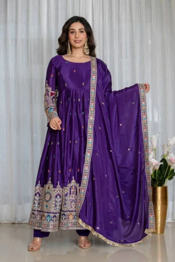 FANCY CHINON SILK EMBROIDERY CODING DORI AND SEQUENCE WORK GOWN BOTTOM WITH DUPATTA PURPLE