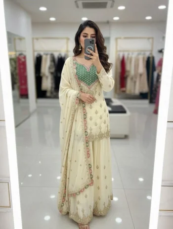 FANCY CHINON SILK EMBROIDERY CODING SEQUENCE WORK WITH HANDS WORKS MIRROR DIAMOND WORK TOP PALAZZO WITH DUPATTA OFF WHITE AND RAMA