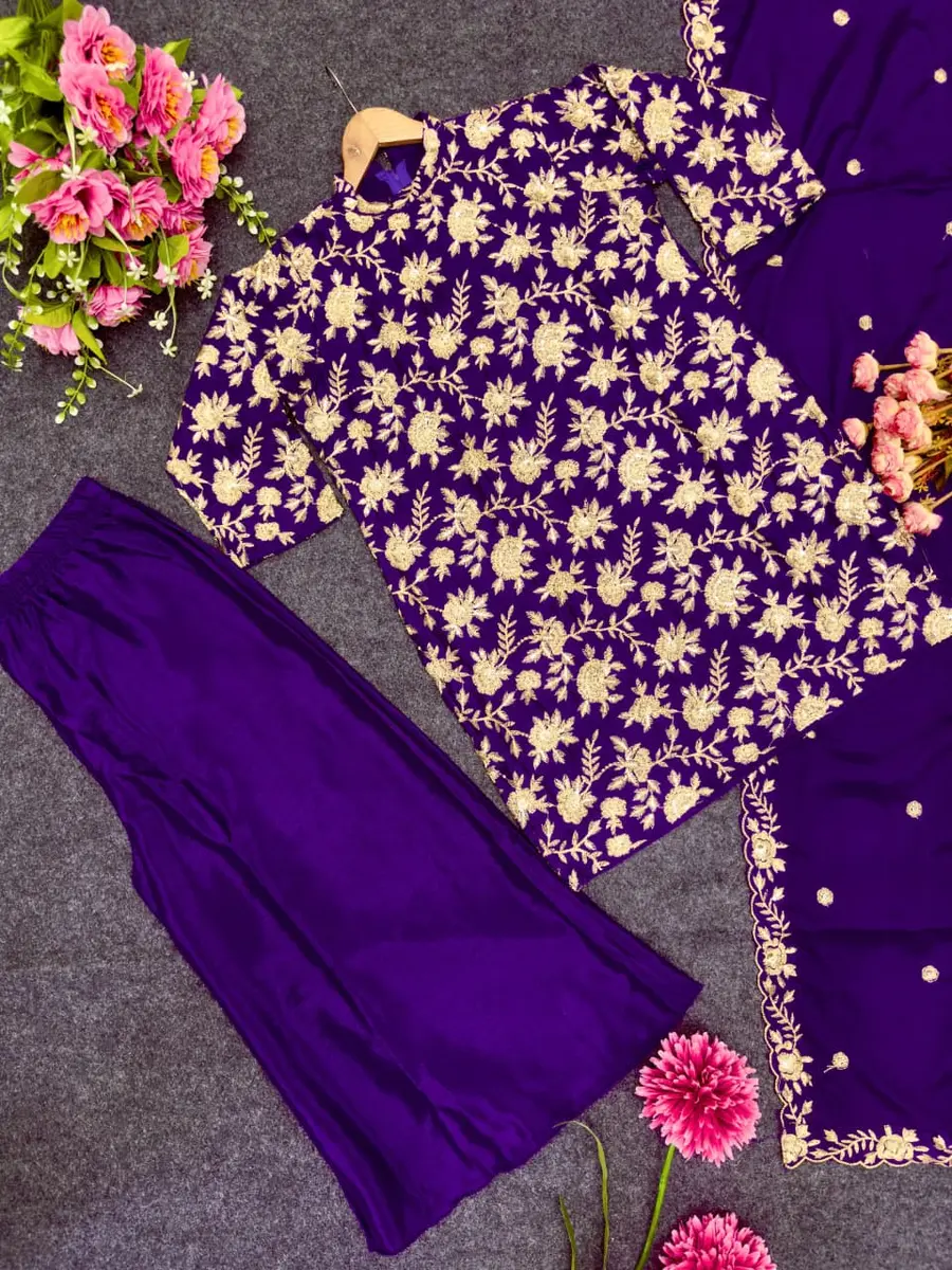 FANCY CHINON SILK MULTI THREAD EMBROIDERY SEQUENCE WORK TOP PALAZZO WITH DUPATTA FESTIVE WEAR WHOLESALE PRICE ETHNIC GARMENT (1)