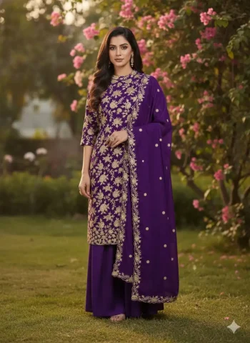 FANCY CHINON SILK MULTI THREAD EMBROIDERY SEQUENCE WORK TOP PALAZZO WITH DUPATTA PURPLE