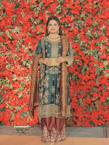 FANCY CHINON SILK SEQUENCE & ZARI EMBROIDERY WORK TOP PALAZZO WITH DUPATTA SKY AND RED