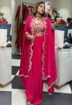 FANCY CHINON THREAD, EMBROIDERY , ZARI AND SEQUENCE WORK BUSTIER SRAPE SKIRT WITH SHRUG STYLE DUPATTA PINK