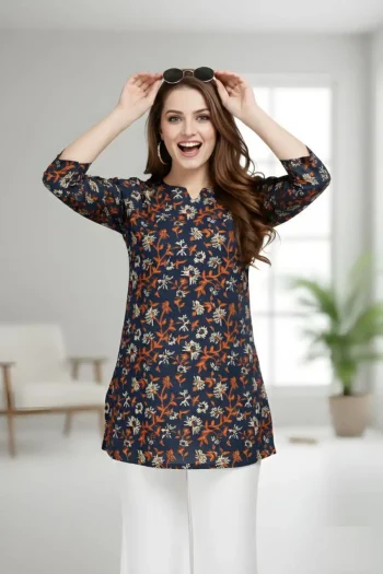 FANCY COTTON BLEND PRINTED WORK ONLY TOP NAVY BLUE