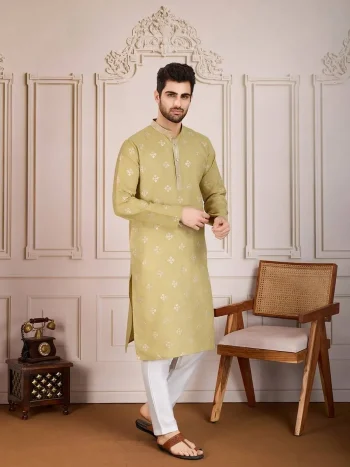 FANCY COTTON EMBROIDERY WORK MEN'S KURTA PAYJAMA YELLOW