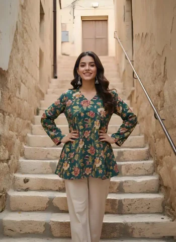 FANCY COTTON PRINT WORK ONLY TOP GREEN