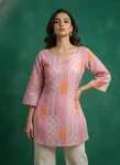 FANCY COTTON PRINTED WORK ONLY SHORT KURTI BABY PINK