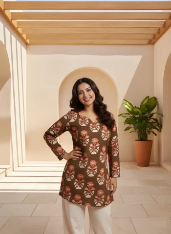 FANCY COTTON PRINTED WORK ONLY SHORT KURTI BABY CHIKU