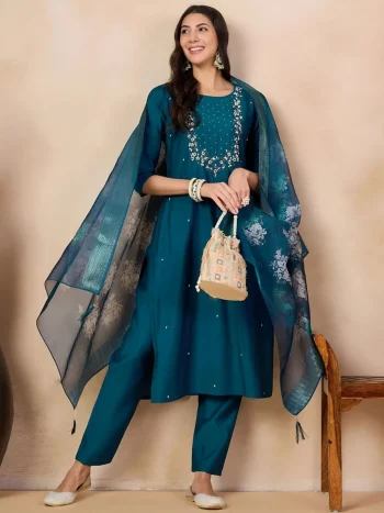 FANCY COTTON SILK EMBROIDERY WORK TOP BOTTOM WITH DUPATTA TEAL