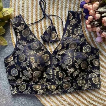 FANCY DOLA SILK PADDED BACK OPEN STYLE STITCHED BLOUSE BLACK