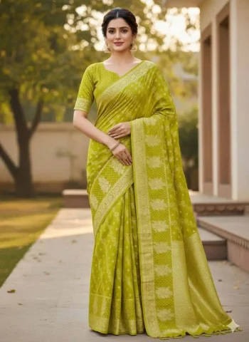 FANCY DOLA SILK ZARI & MEENAKARI WOVEN PALLU WITH BORDER WORK SAREE WITH UNSTITCHED BLOUSE PARROT GREEN