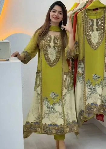 FANCY FRENCH CREPE DIGITAL PRINT WITH HAND WORK TOP BOTTOM WITH DUPATTA PARROT GREEN