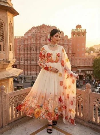 FANCY GEORGETTE DIGITAL PRINT AND HANDWORK GOWN BOTTOM WITH DUPATTA CREAM