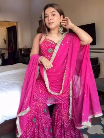 FANCY GEORGETTE DIGITAL PRINT AND REAL MIRROR WORK TOP SHARARA WITH DUPATTA PINK