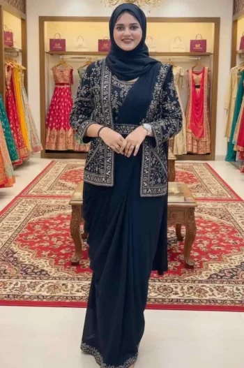 FANCY GEORGETTE EMBROIDERY WORK READY TO WEAR SAREE WITH STITCHED BLOUSE AND KOTI WITH WASIT BELT NAVY BLUE