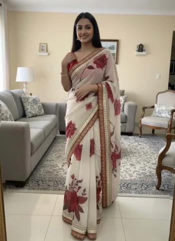 FANCY GEORGETTE SEQUENCE AND CODING EMBROIDERY WITH GOTA PATTI LACE BORDER WORK SAREE WITH UNSTITCHED BLOUSE MAROON