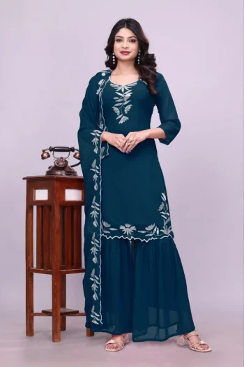 FANCY GEORGETTE SEQUENCE EMBROIDERY WORK TOP SHARARA WITH DUPATTA TEAL