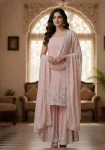 FANCY GEORGETTE SEQUENCE EMBROIDERY WORK TOP SHARARA WITH DUPATTA PEACH