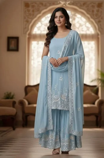 FANCY GEORGETTE SEQUENCE EMBROIDERY WORK TOP SHARARA WITH DUPATTA SKY