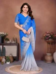 FANCY GEORGETTE SILK EMBROIDERY WORK SAREE WITH UNSTITCHED BLOLUSE SKY AND BLUE