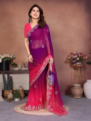 FANCY GEORGETTE SILK EMBROIDERY WORK SAREE WITH UNSTITCHED BLOLUSE RANI AND PURPLE