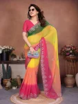 FANCY GEORGETTE SILK EMBROIDERY WORK SAREE WITH UNSTITCHED BLOLUSE YELLOW AND GREEN