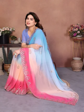 FANCY GEORGETTE SILK EMBROIDERY WORK SAREE WITH UNSTITCHED BLOLUSE SKY
